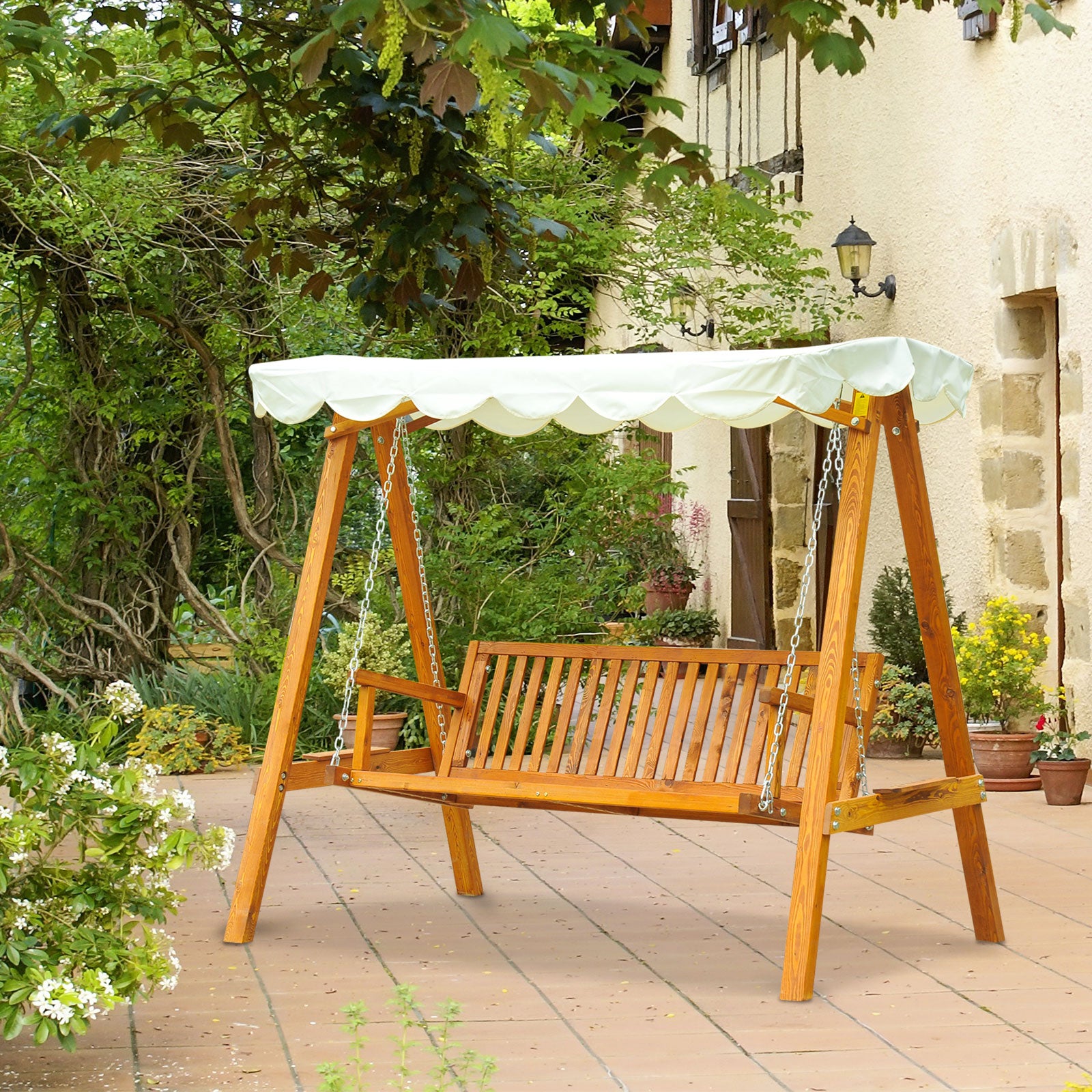 Outsunny 3 Seater Garden Swing Seat with Canopy, Wooden Swing Chair, Outdoor Hammock Bench for Balcony Patio Porch, Cream White
